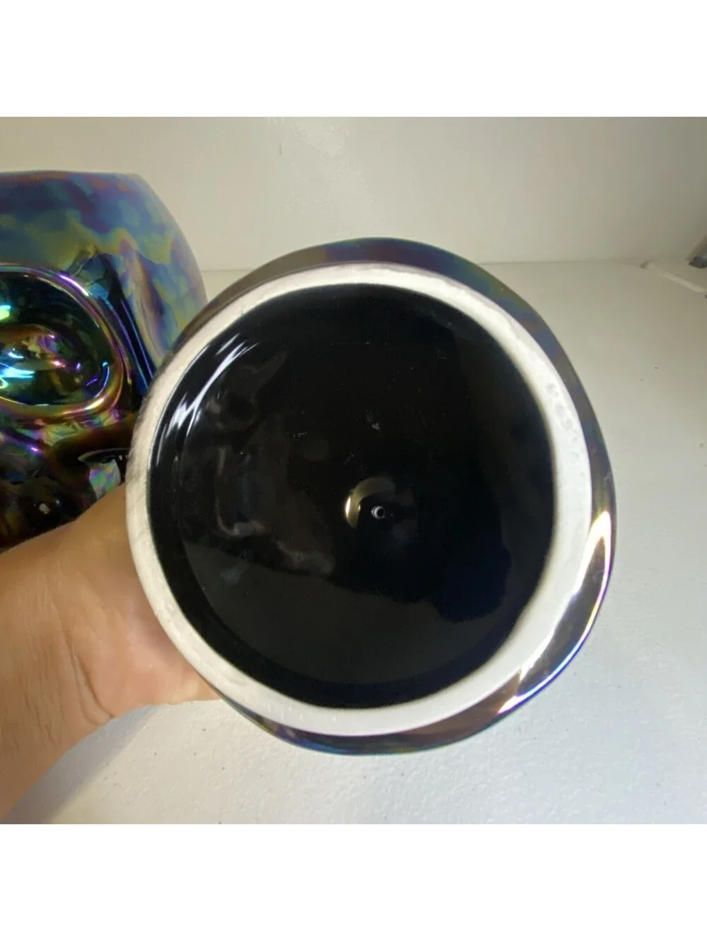 Day of the Dead Black Iridescent Oil Slick Ceramic Skull Head Real Size Jar